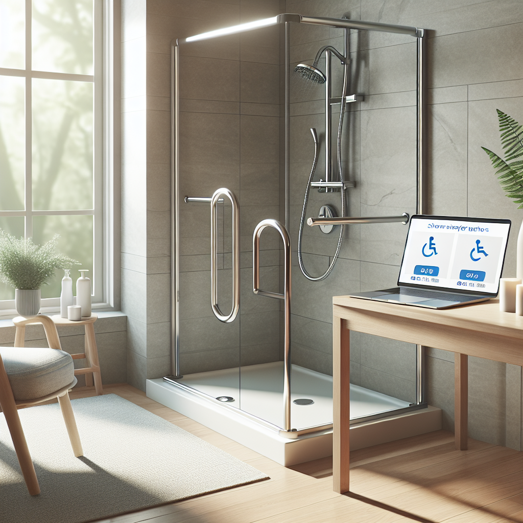 Douche pour seniors dans un magasin spécialisé avec logo des marques réputées et guide d'achat à côté