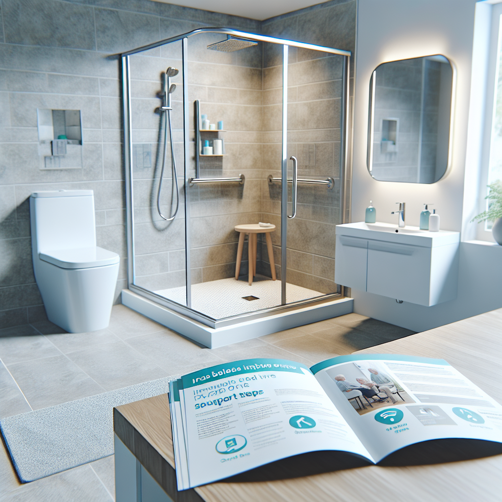 "Installation d'une douche senior adaptée avec barre d'appui, revêtement de sol sécurisé et siège de douche"